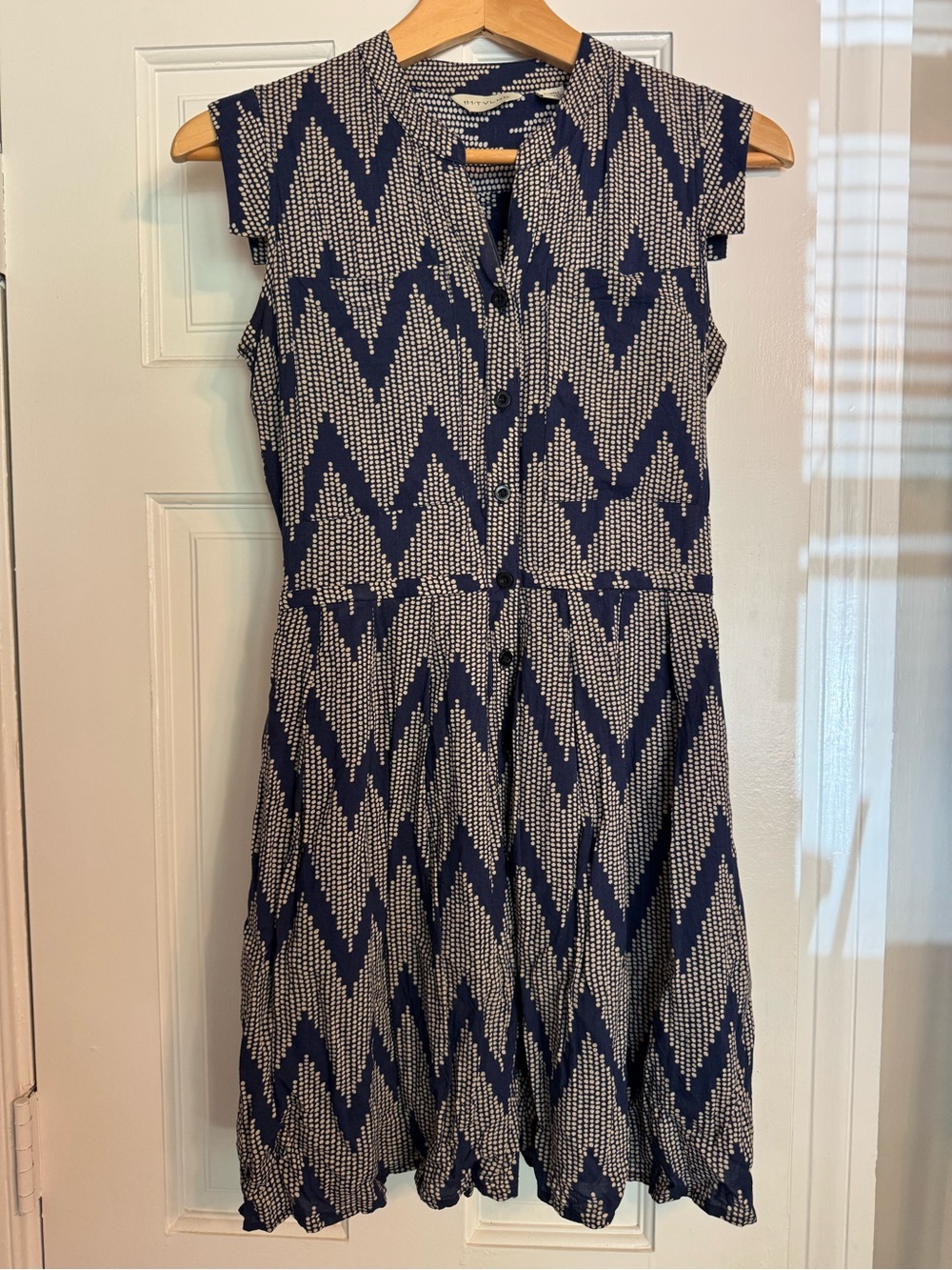 Anthropologie Navy and White Chevron Pattern Button-Front Dress